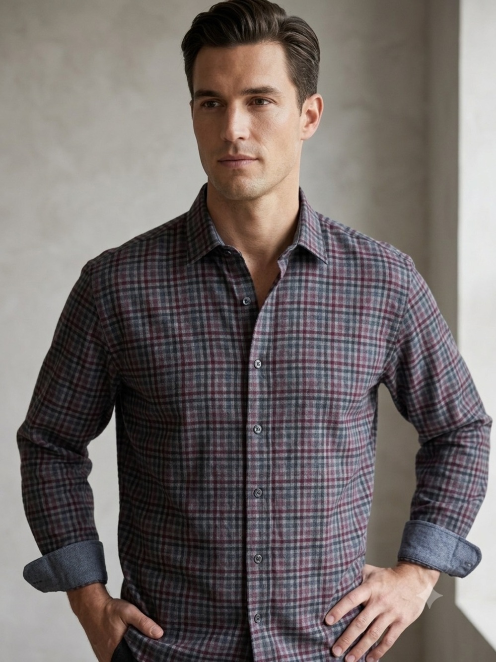 Saks Fifth Avenue Mens Plaid Button Down Shirt Fitted XXL Burgundy Gray